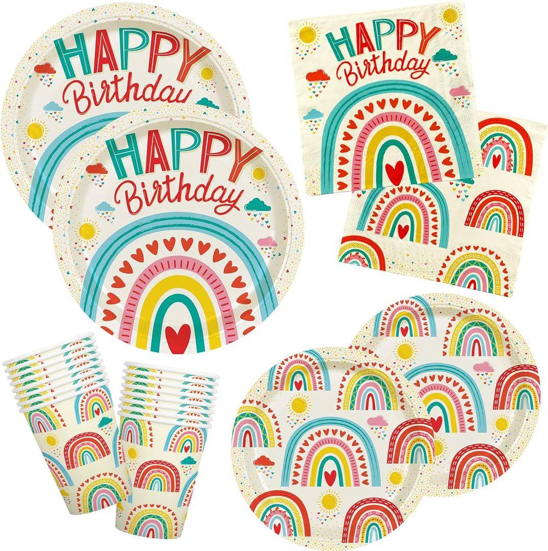 Retro Rainbow Themed Happy Birthday Party Supplies Set - Vibrant Disposable Paper Plates, Cups and Napkins - Fun & Colorful Design for Boys/Girls - For 16 Guests