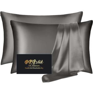 Silk Pillow Cases 2 Pack, Mulberry Silk Pillowcases Standard Set of 2, Smooth, Anti Acne, Beauty Sleep, Both Sides Natural Silk Satin Pillow Cases for Women 2 Pack with Zipper for Gift, Dark Gray