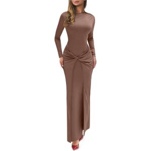 Mojessy Women Bodycon Maxi Dress Sexy Mock Neck Ruched Long Sleeve Long Dress Cocktail Party Dresses (Large, Brown)