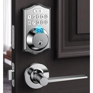 keyless Entry Door Lock deadbolt with Handle Set-Front Smart Door Locks for Front Door-with 2 Lever Handles-Electronic Keypad Code Deadbolt,Fingerprint Door Lock-Auto Lock (Satin Nickel)