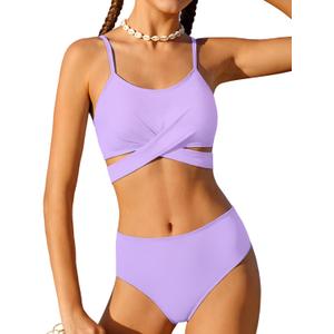 Girls Swimsuit Bathing Suits Criss Cross Bikini Set Two Piece Girls' Swimwear Solid Color Bathing Suit 7-16T (9-10 Years, Purple)