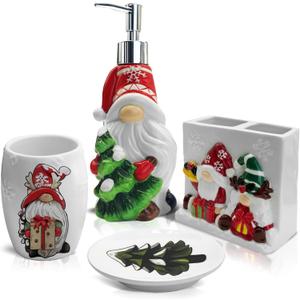 Christmas Bathroom Decor Set, Christmas Gnomes Bathroom Decor, Gnome Toothbrush Holder Set, Gnomes Tree Soap Dish Accessories