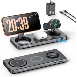 AC ISLAND 5-in-1 Qi2.2 Wireless Charger for MagSafe, 25W Foldable Magnetic Stand, Travel Charging Station for iPhone 17-12 & Air Series, Apple Watch, AirPods, with 65W GaN Adapter (Gray, for Apple)