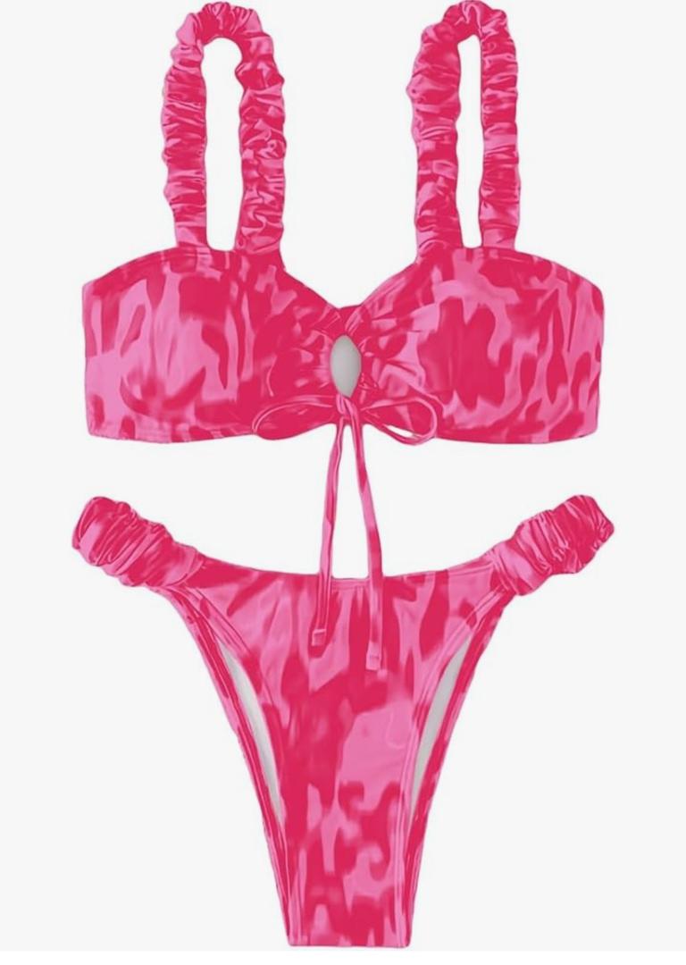 Women's Floral Print Bathing Suit Ruffle Trim Tie Back Swimsuit Bikini Set 2 Piece M Hot Pink
