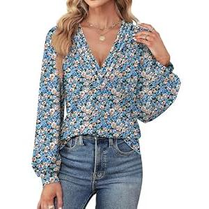 Agnes Urban Womens Tops Dressy Casual V Neck Long Sleeve Shirts Puff Sleeve Loose Tunic Boho Tops Blouses Blue Yellow Floral-XXL