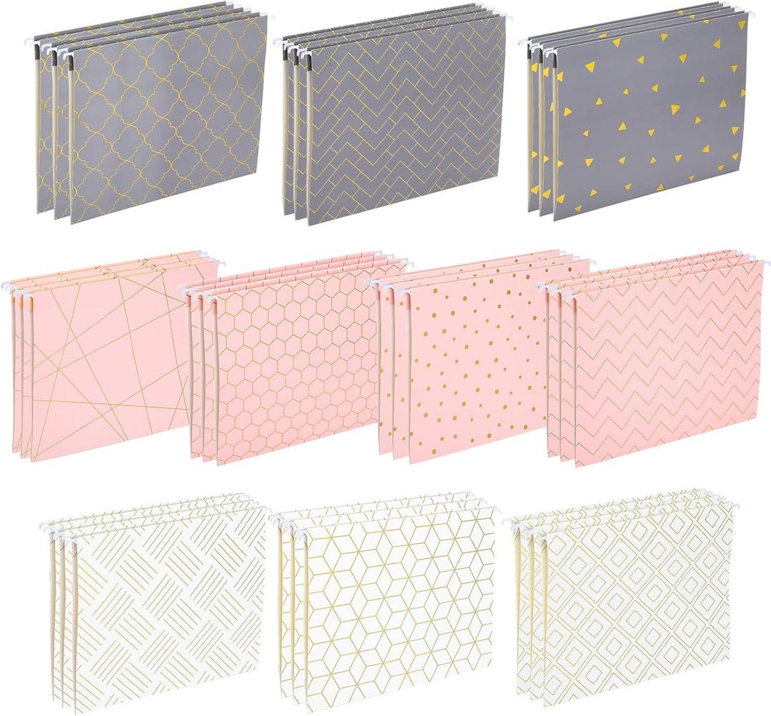 30 Pcs Geometric Hanging File Folders with Foil Stamping Process, Letter Size Decorative Hanging Folders Including Adjustable Tabs and Inserts, Inserts Organizer for Desk Office School
