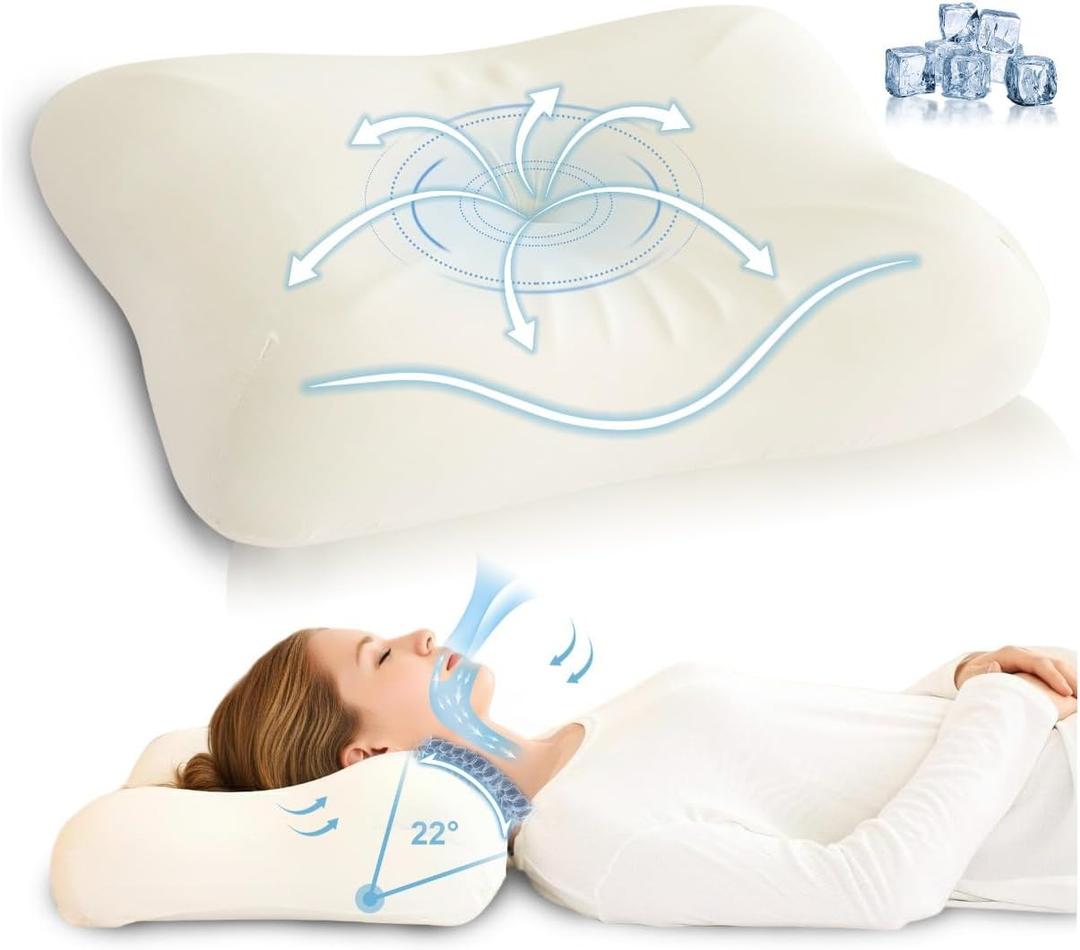 Cervical Neck Pillow for Pain Relief, Odorless Memory Foam Pillow with Cooling Cover & Dual Height, Ergonomic Contour for Neck & Shoulder Support, for Side, Back & Stomach Sleepers