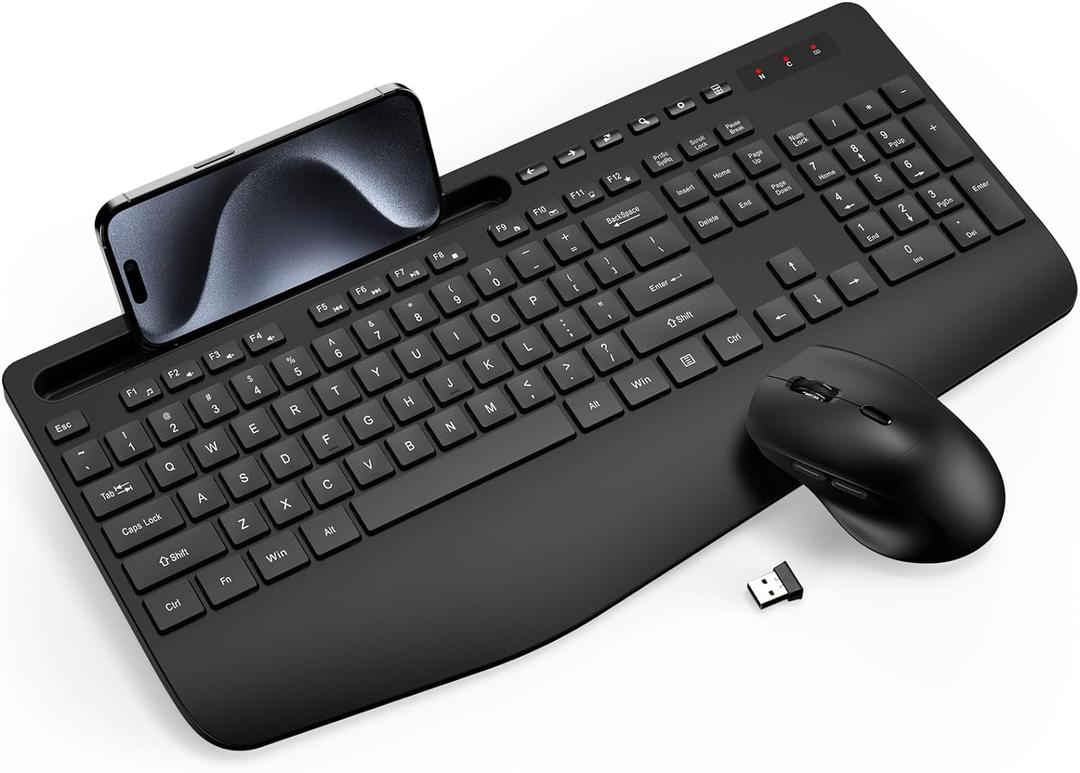 Wireless Keyboard and Mouse Combo - Full-Sized Ergonomic Keyboard with Wrist Rest, Phone Holder, Sleep Mode, Silent 2.4GHz Cordless Keyboard Mouse Combo for Computer, Laptop, PC, Mac, Windows -Trueque (1 PACK, Black)