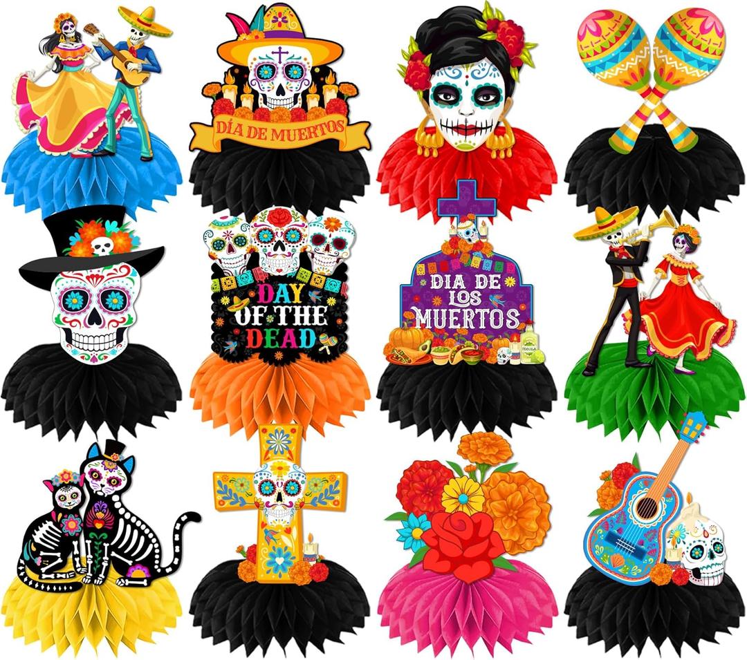 Dia De Los Muertos Decorations,12pcs Day of The Dead Table Decorations Sugar Skulls Honeycomb Centerpieces,Mexican Decor Dancing Ghost Table Centerpieces for Dia De Los Muertos Party Supplies