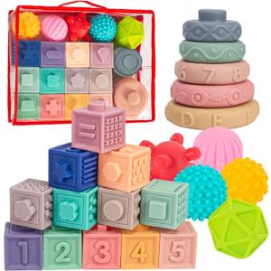 SpringFlower 3 in 1 Montessori Toys for Babies 0-3-6-12 Months, Soft Baby Teething, Stacking Building Blocks for Infants, Sensory Developmental Education Toys for Toddler Baby 12-18 Months,22 PCS