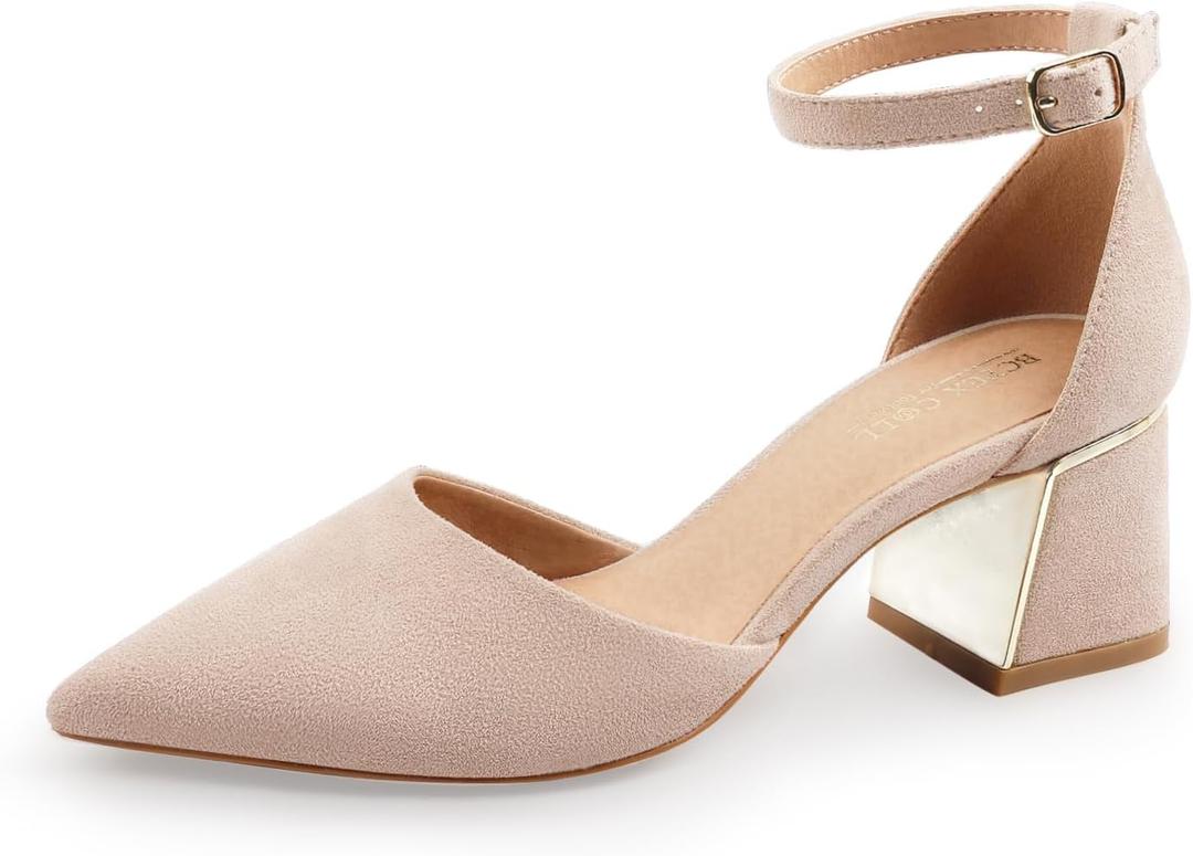 BCTEX COLL Womens Pointed Toe Pumps Shoes Ankle Strap Chunky Low Heels Metal Lined Sandals Designed for Women (7.5, Nude)