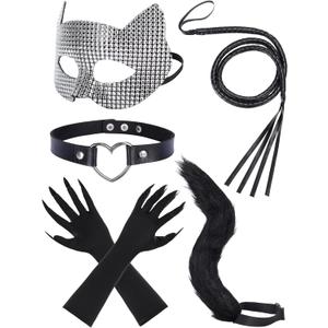 Cat Costume Accessories for Women Halloween Cat Woman Mask Collar Choker Bow Paw Gloves Whip Tail (Silver)