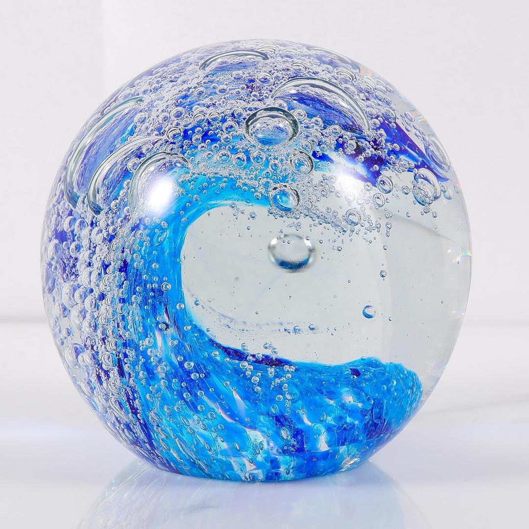 Qianwei Hand Blown Ocean Waves Crystal Ball - Glass Collectible Figurines Spere - Paperweight Glass Ball Aquarium DecorOffice Decor Ocean Lovers (Sky Blue)
