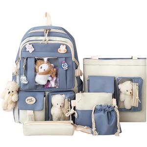 5-Piece Aesthetic Kawaii Backpack Set with Kawaii Pin and Pendants Accessories, Nylon Material | Durable & Adorable (Blue)