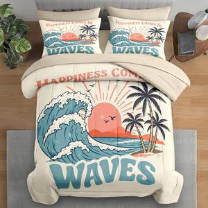 Full Comforter Set with Sheets, 7 Pieces Summer Beach Bedding
Bed in A Bag for All Season, Surf Vintage Palm for Kids and Adults, 2 Pillowcases & 2 Shams
