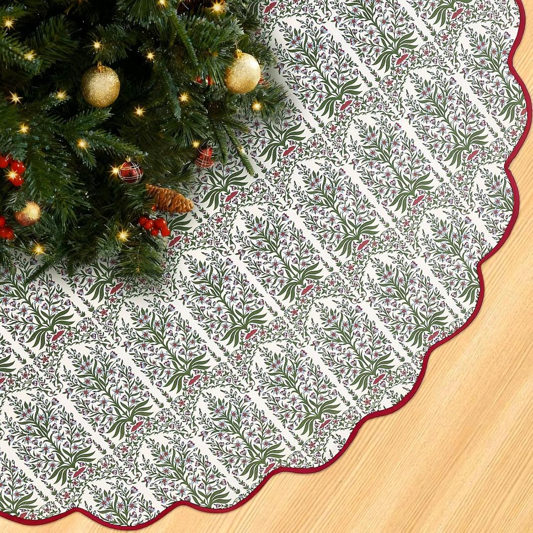 60 Inch Christmas Tree Skirt Vintage Red Floral Block Print Tree Skirts with Scalloped Edge, Classic Xmas Tree Skirt for Merry Christmas Party Holiday Home Farmhouse Indoor Outdoor Decorations