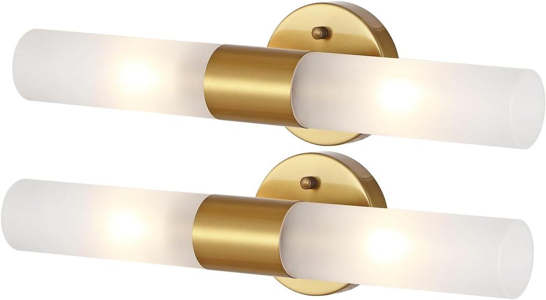 Gold Bathroom Vanity Light Fixtures 2 Pack Modern Cylinder Wall Sconce Frosted White Acrylic Glass Shade 2-Lights Mid Century Wall Light for Mirror Living Room