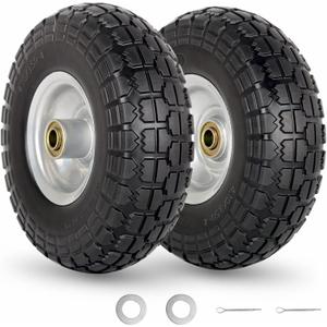4.10/3.50-4" Flat Free Tire and Wheel, 10" Heavy Duty Solid Tire, 5/8" Axle Bore Hole, 2.2" Offset Hub, for Hand Truck Garden Cart Wagon Trolley Dolly Replacement, 2 Pack