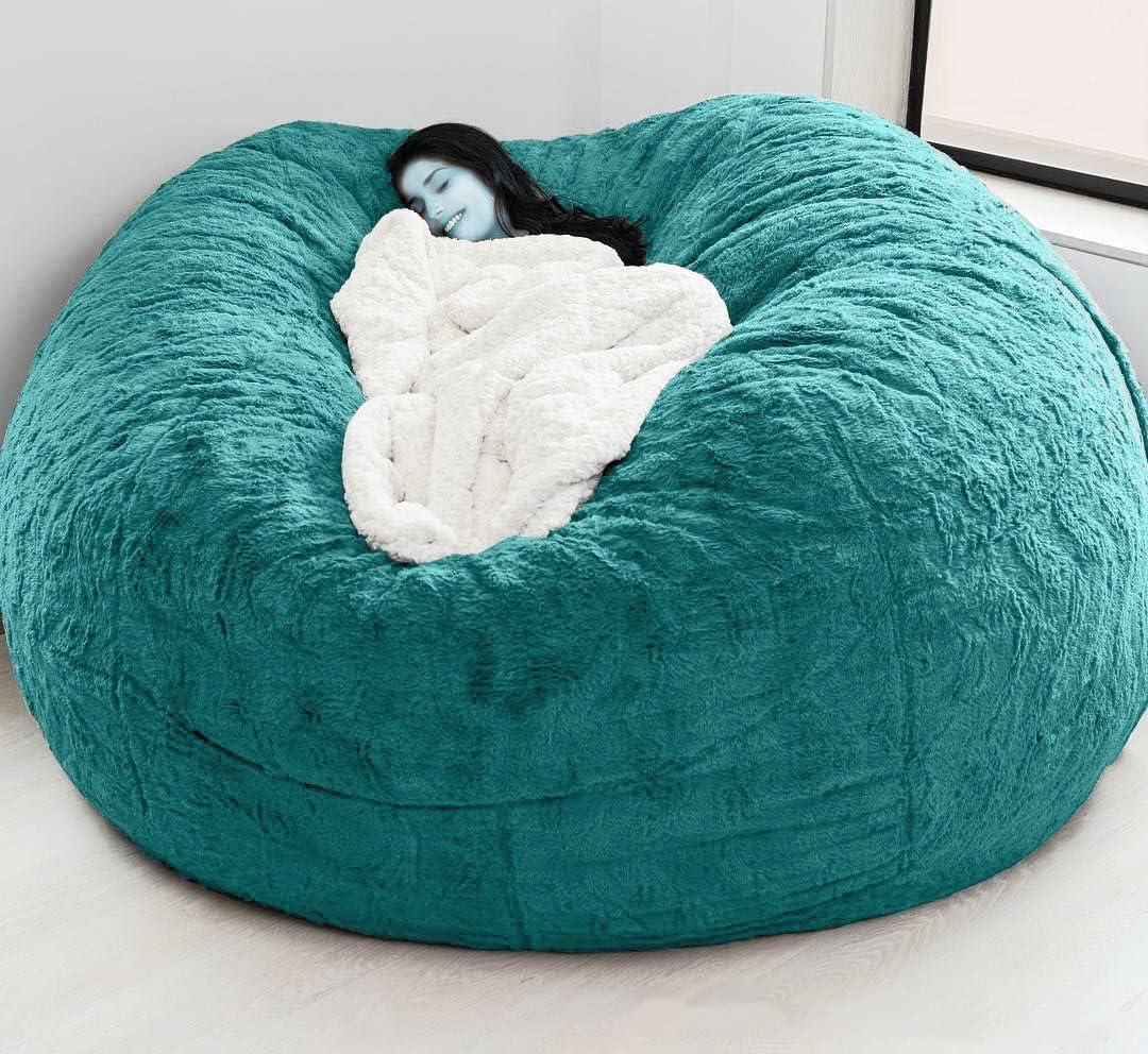 (Cover only, No Filler) Giant Fur Bean Bag Chair Cover for Kids Adults, Living Room Furniture Big Round Soft Fluffy Faux Fur Beanbag Lazy Sofa Bed Cover (Peacock Blue, 5FT)
