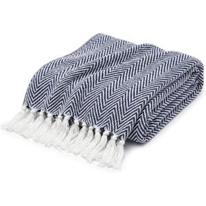 Americanflat 50x60 Throw Blanket - Soft and Breathable Cotton Throw Blanket for Couch, Bed, Chair - Decorative Blankets Perfect for Home or Outdoor Use - Navy Blue and White Herringbone Design
