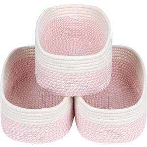 CubesLand Rectangle Organization/Storage Basket, Natural Cotton Rope Woven Baskets for Organizing, Small Basket for Kids, Baby Nursery, Cat Dog Toy Baskets, Organizer Bins for Shelves 3 Packs (Off White/Mixed Pink)
