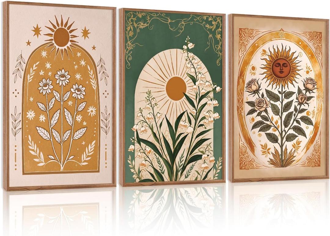 CHDITB Bohemian Floral Framed Canvas Wall Art Set, Nature Inspired Wall Decor, Boho Sun Art Spiritual Wall Painting, VintageArt Flowery Prints for Living Room, Bedroom, Office-Large Size 16"x24"x3