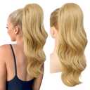 REECHO Ponytail Extension, Drawstring Ponytail Extension Long Wavy Layered Pony Tails Hair Extensions 22inch Natural Clip in Synthetic Hairpiece for Women, Golden Blonde with Highlights