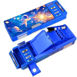 Pop Up Multifunction Pencil Case for Girls and Boys, Cute Cartoon Pen Box Organizer Stationery, Sharpener, Schedule, Whiteboard, School Supplies, Best Gifts for Kids (Blue Space)