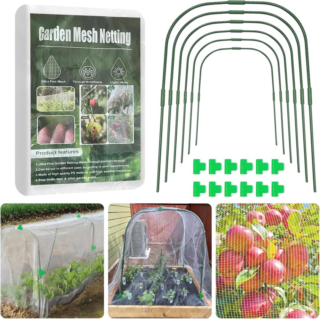 Garden Mesh Netting Kit for Raised Beds, 8 * 26FT Ultra Fine Plant Netting Covers with 6 Pcs Wide Garden Hoops & 12 Clips, Row Cover Net Protect Greenhouse Fruit Vegetable Flowers from Birds Bugs