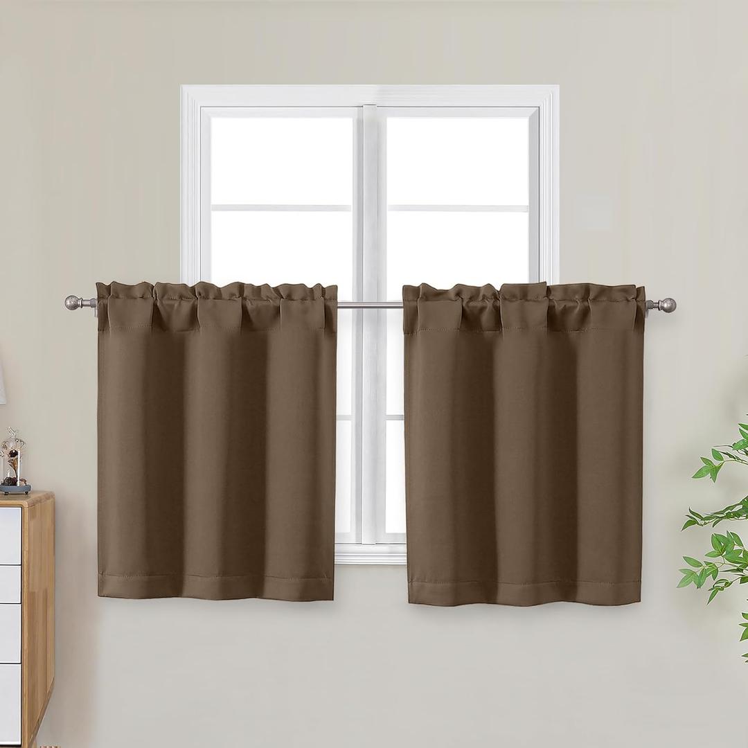 OWENIE Brown Short Blackout Curtains Tier 24 Inch Length, Small Kitchen Curtain Rod Pocket Privacy Half Window Curtains for Bathroom Basement Cabinet Camper RV Bunk, 2 Panels, Each 30" Wx24 L