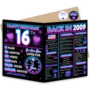 2 x Jumbo 16th Birthday Card for Boys Girls, Neon 16th Birthday Party Decorations for Him Her, Happy 16 Year Old Birthday Gifts for Son Daughter, Double-Sided with Two Stickers