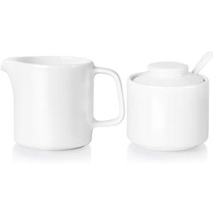 ONTUBE Porcelain Sugar and Creamer Set of 3,Ceramics Cream Pitcher, Sugar Bowl with Lid and Spoon (Bright White)