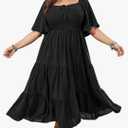 SCOMCHIC Women's Plus Size Flowy Maxi Dress Flutter Short Sleeve Boho Dress Square Neck Smocked Formal Dresses for Women Size 2XL