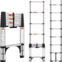 Telescoping Ladders 8.5 FT Stainless Steel Ladder - One-Button Retraction Telescopic Ladder for Home,RV,Loft, Lasts 375 LBS with 2 Triangle Stabilizers (10.5 FT (A Button))