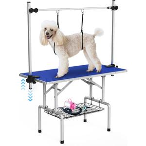 Lyromix 42''Large Dog Grooming Table, Adjustable Cat Drying Desktop with Arms, Nooses, Mesh Tray, Foldable Pet Station at Home, Maximum Capacity Up to 330Lb, 42inch, Blue
