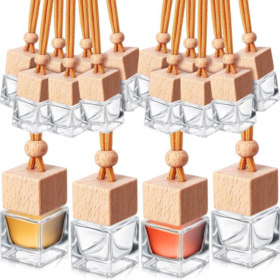 Rtteri 100 Pcs Hanging Car Air Freshener Diffuser Bottles Empty Glass Perfume Diffuser Vials Refillable Oil Aromatherapy Pendant with Wooden Caps and Hanging String for Car Home Office Decor(Square)