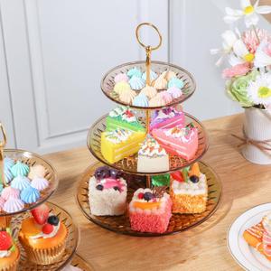 14 Pieces Tiered Cupcake Stand Set Gold 2-Tier 3-Tier Serving Stand Tower Tray with Round Rectangle Food Serving Trays Long Slim Dessert Stand for Party Wedding(Clear Amber)
