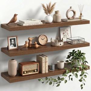 36" Floating Shelves for Wall, Set of 3, 8" Deep, 1.5" Thick, Walnut Finish, 36"L x 8"D x 1.5"H, 3Pack
