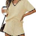 Tankaneo Womens Sweater Set 2 Piece Outfits Lapel V Neck Short Sleeve Knit Tops Summer Shorts Lounge Sets, Beige, Medium