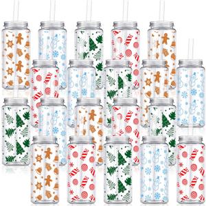 Layhit 20 Pcs Christmas Reusable Cups Bulk 13.5 oz Plastic Mason Jar Drinking Holiday Cups with Lid and Straw Coffee Tea Hot Cocoa Beverage Tumbler for Adults Xmas Party (Novel)