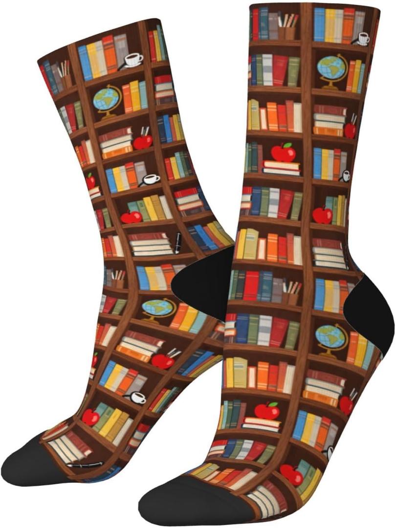 Cute Novelty Crew Socks, Funny Athletic Crazy Dress Socks Gift For Men Women (One Size, Bookshelf)