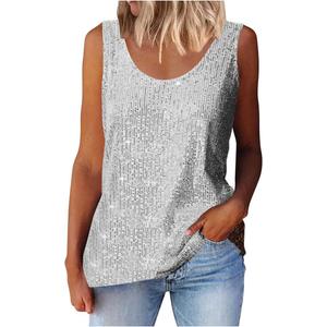 Sparkly Spaghetti Strap Tank Tops for Women Cute Sleeveless Double Layer Sequin Top Camisole, Silver 