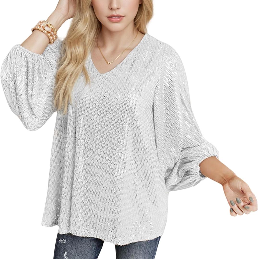 MAYSTEPPE Women Sequin Top Sexy V Neck Balloon Long Sleeve Sequin Shirt Sparkly Glitter Party Tops Blouse for Party Club (Silver, S)