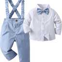 Baby Boys Pants Sets, Infant Long Sleeve Shirt + Pants + Bow Tie + Suspenders,Toddler Gentleman Outfits (18-24 Months, Light Blue+white)