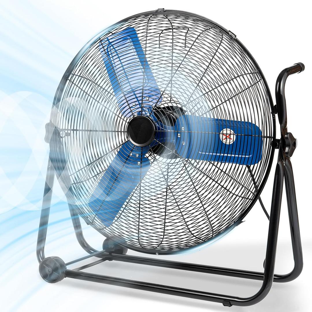 24" Industrial Fan Heavy Duty, 8500 CFM High Velocity Floor Fan 3 Speeds, Metal Construction and Aluminum Blades, 360 Tilt Metal Fan for Warehouse Garage Shop Workshop Factory and Basement Blue