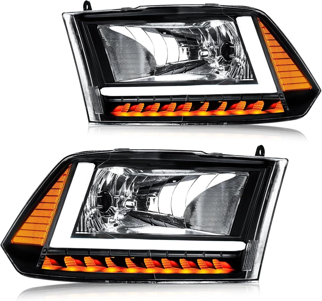 LED DRL Headlight Assembly, Fit 2009-2018 Dodge Ram 1500/10-18 Ram 2500 3500 4500 5500(Only fit factory dual beam halogen headlights, Additional H4 bulb required) Black Housing Amber Reflector