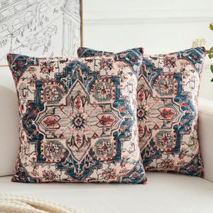 BUAEL Boho Throw Pillow Covers 18x18 inch Set of 2,Bohemian Vintage Carpet Pattern Antique Ethnic Decor Double Sided Pattern Cushion Cover Soft Pillow Case Living Sofa Room Bed Square Pillow Cover
