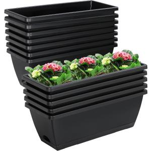 12Pcs 17Inches Rectangle Planter Box with Drainage Holes and Trays Plastic Planters Flower Boxes Pots for Indoor Outdoor Plants Patio Garden Home Decor Porch Yard (Black)