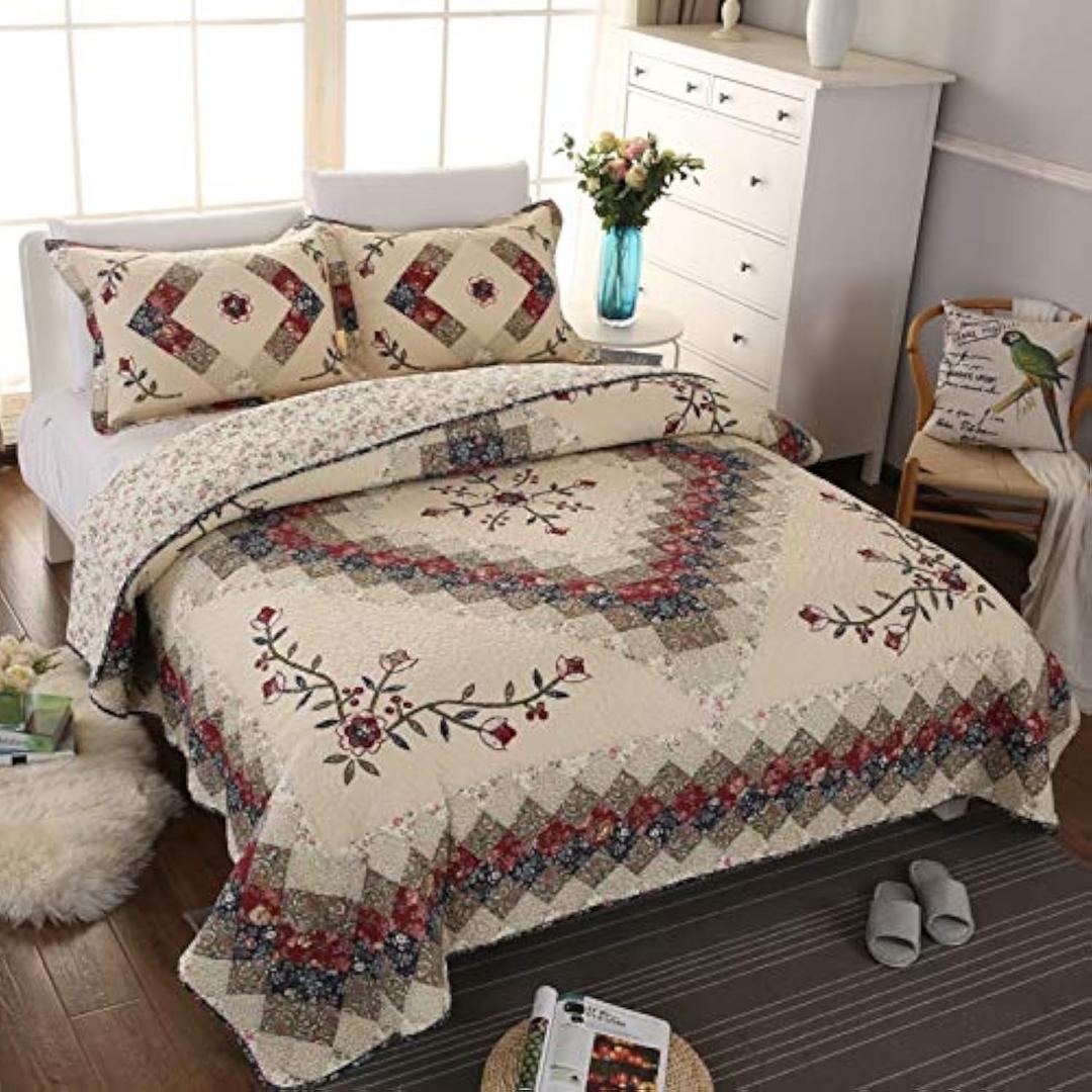 Beige Floral Embroidered Quilt Set King Size 100% Cotton Ethnic Patchwork Bedspread Coverlet Country Rustic Embroidery Reversible Geometric Bedding Cover Set Soft Cotton Comforter Cover,3pcs (King 98 X 106 Inch)