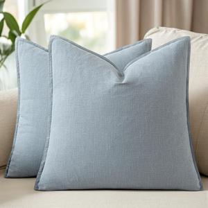 Woaboy 26x26 Inch Set of 2 Decorative Linen Solid Throw Pillow Covers Boho Accent Farmhouse Couch Pillowcases Modern Netural Euro Home Decor for Couch Sofa Living Room Bed, Light Blue